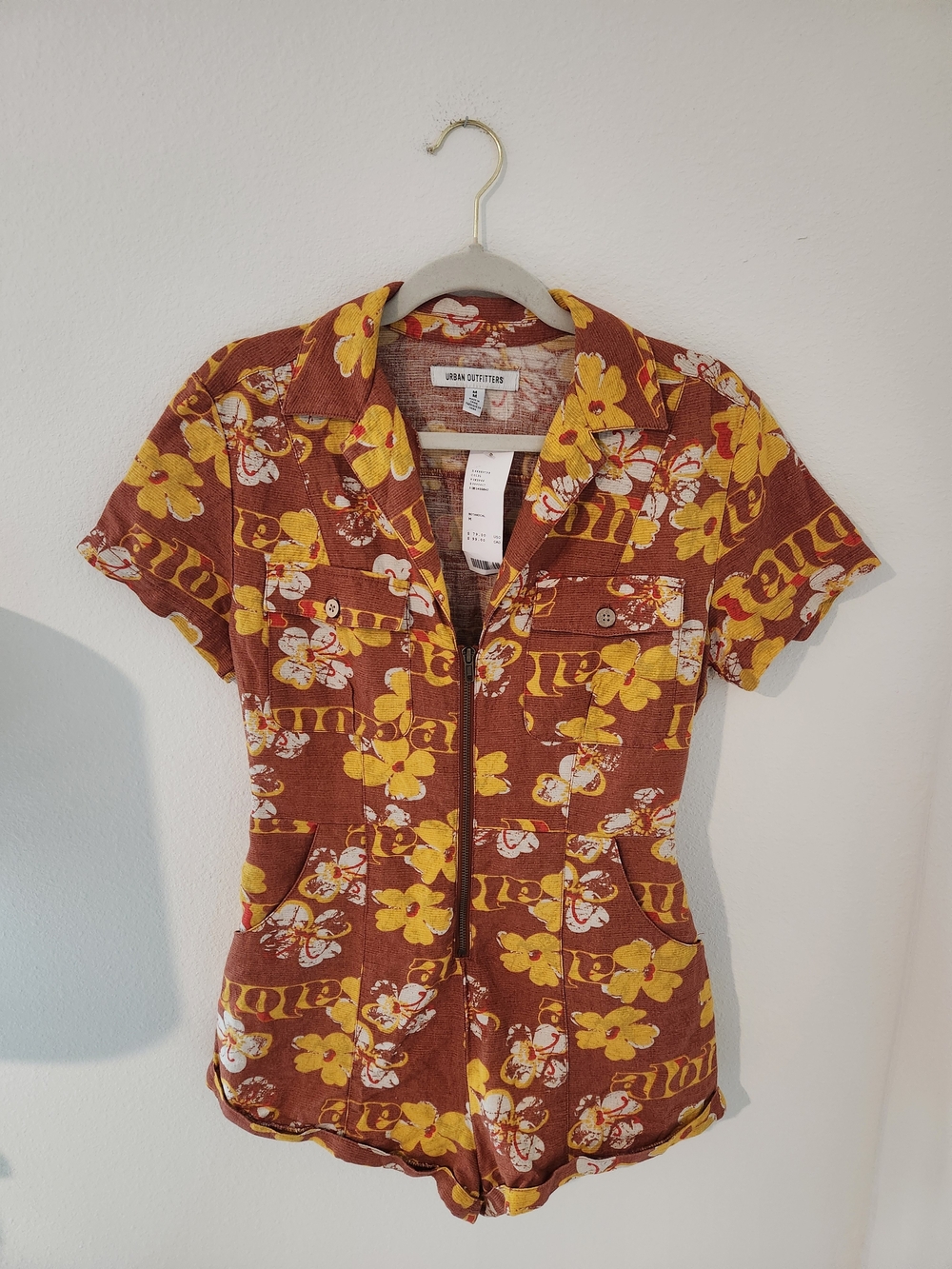Urban Outfitters Brown and Yellow Floral Zip Romper Top